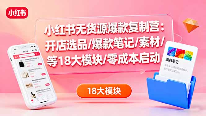 小红书无货源爆款复制营:开店选品/爆款笔记/素材/等18大模块/零成本启动-生财