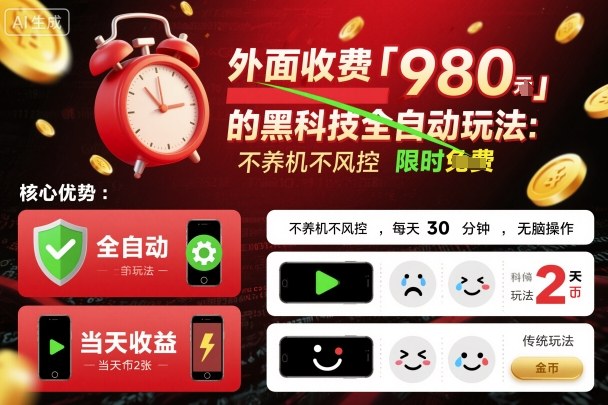 外面收费980的黑科技全自动玩法，不养机不风控，每天30分钟，无脑操作，当天收益2张【揭秘】-生财