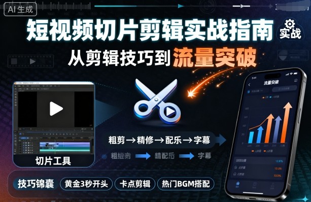 短视频切片剪辑实战指南，从剪辑技巧到流量突破-生财