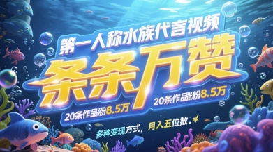 第一人称水族代言视频，条条万赞，20条作品涨粉7.8W，多种变现方式月入五位数-生财